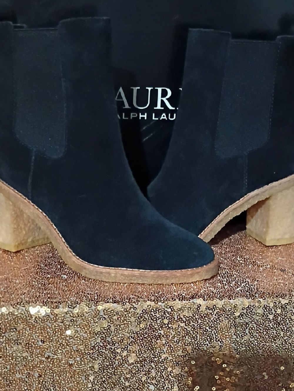 Ralph Lauren Black Suede Chelsea Block Heel Booties